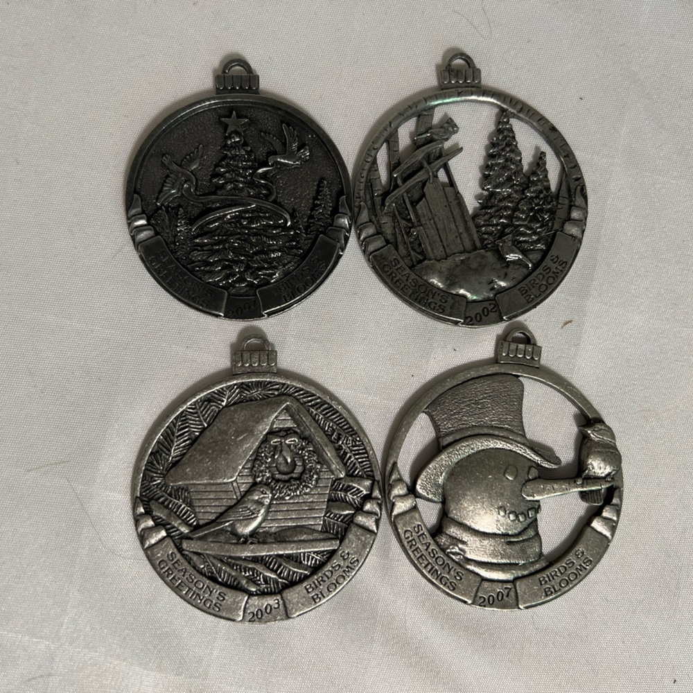 Birds & Blooms Pewter Ornament Lot Of 4‎ 2001, 2002, 2003, 2007 Christmas EUC